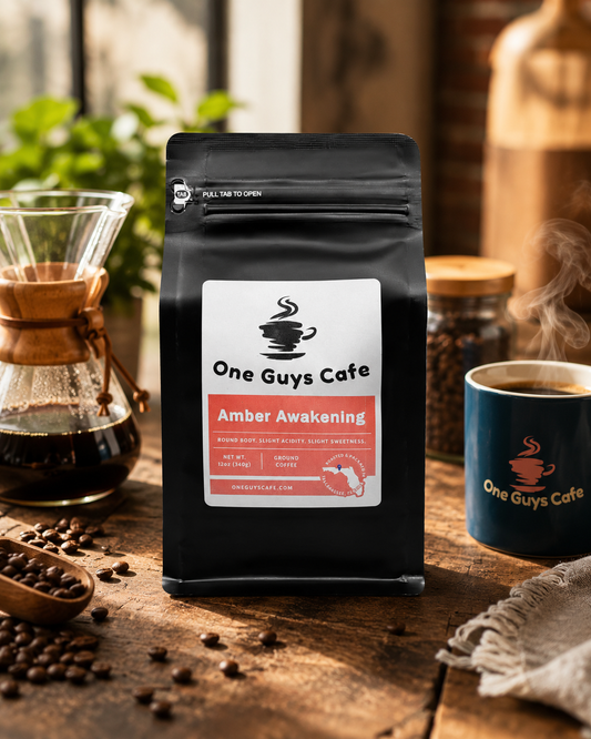 One Guys Cafe Amber Awakening coffee bag with pour-over brewer, branded mug, and coffee beans on a rustic wood surface.