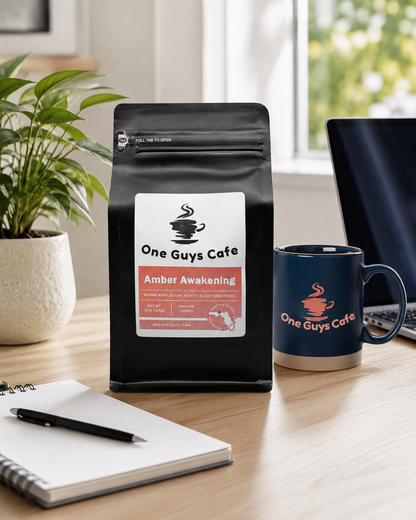  One Guys Cafe Amber Awakening coffee bag on a home office desk beside a branded mug, notebook, laptop, and plant.