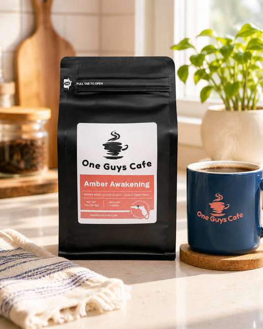 One Guys Cafe Amber Awakening coffee bag on a kitchen counter beside a steaming branded mug in bright natural light.