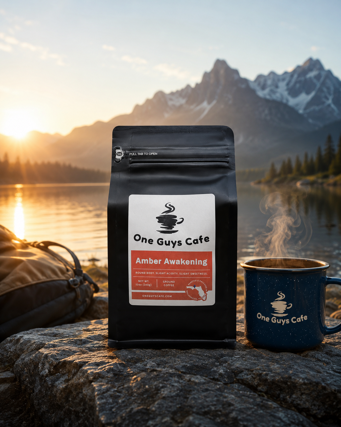 One Guys Cafe Amber Awakening coffee bag beside a steaming branded mug outdoors by a calm mountain lake at sunrise.
