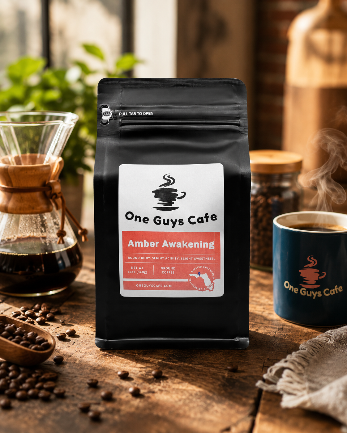 One Guys Cafe Amber Awakening coffee bag with pour-over brewer, branded mug, and coffee beans on a rustic wood surface.