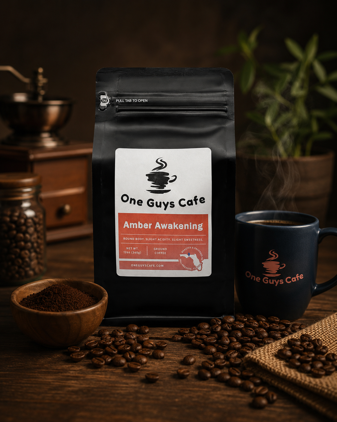  One Guys Cafe Amber Awakening coffee bag in a rustic lifestyle scene with coffee beans, grinder, and branded mug.