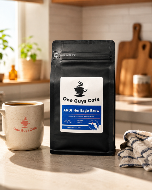 One Guys Cafe ARDI Heritage Brew coffee bag on a kitchen counter beside a branded mug and folded towel.