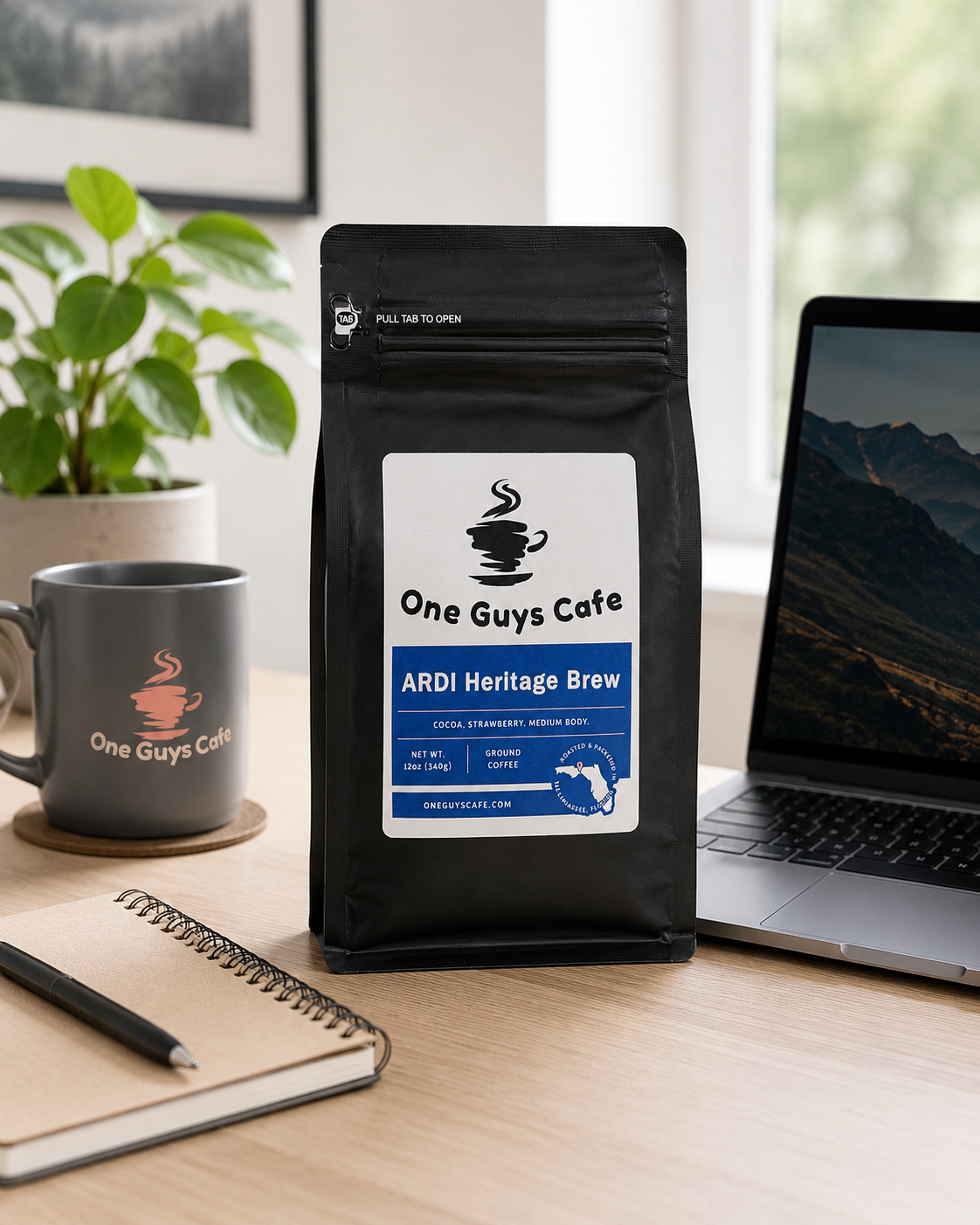 One Guys Cafe ARDI Heritage Brew coffee bag on a desk beside a branded mug, laptop, and notebook.