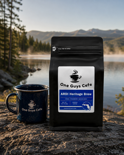 One Guys Cafe ARDI Heritage Brew coffee bag beside a branded camping mug outdoors by a mountain lake.