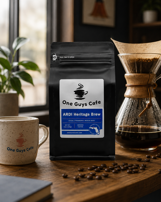 One Guys Cafe ARDI Heritage Brew coffee bag with pour-over brewer, coffee beans, and branded mug on a wooden table.