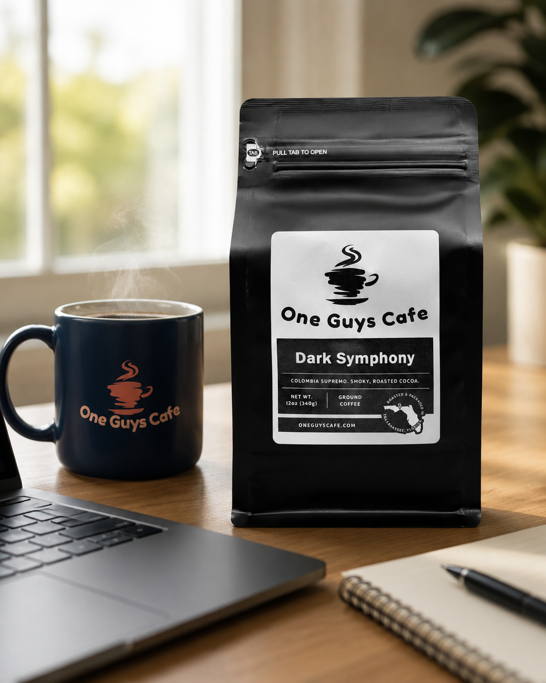 One Guys Cafe Dark Symphony dark roast coffee bag on a desk beside a laptop, notebook, and branded coffee mug.