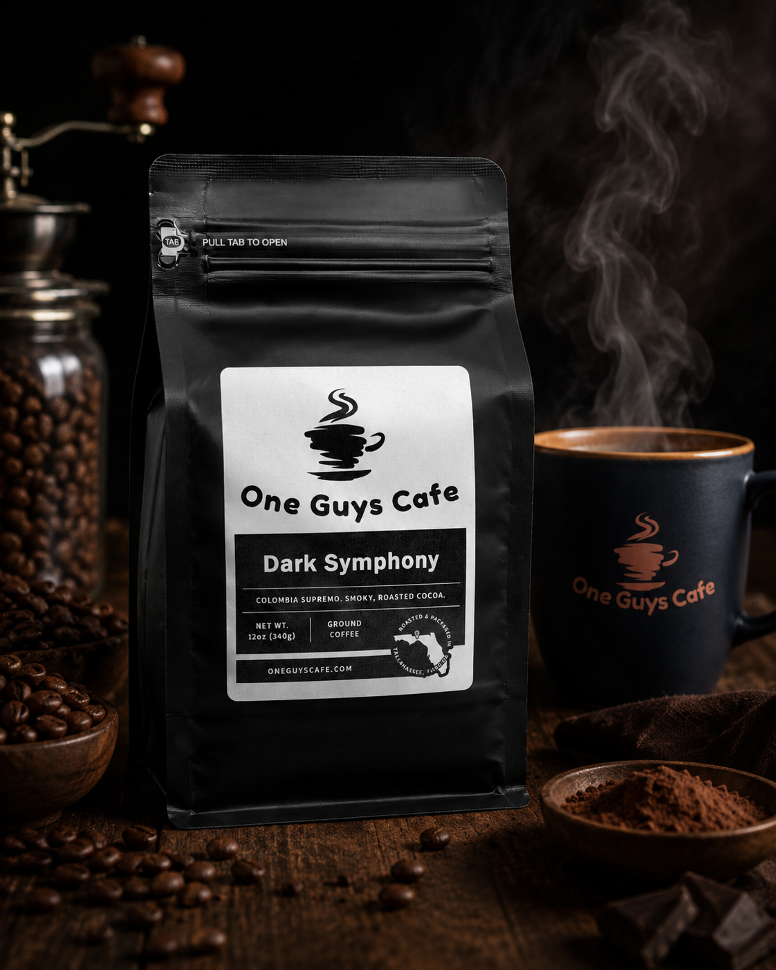 One Guys Cafe Dark Symphony dark roast coffee bag in a rustic lifestyle setting with coffee grounds, beans, and steaming mug.