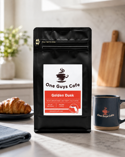 One Guys Cafe Golden Dusk decaf coffee bag on a bright kitchen countertop beside a branded mug and pastry.