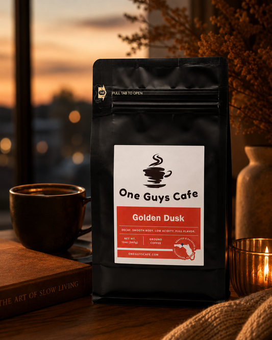 One Guys Cafe Golden Dusk decaf coffee bag in a cozy evening setting with coffee mug, candlelight, and soft warm tones.
