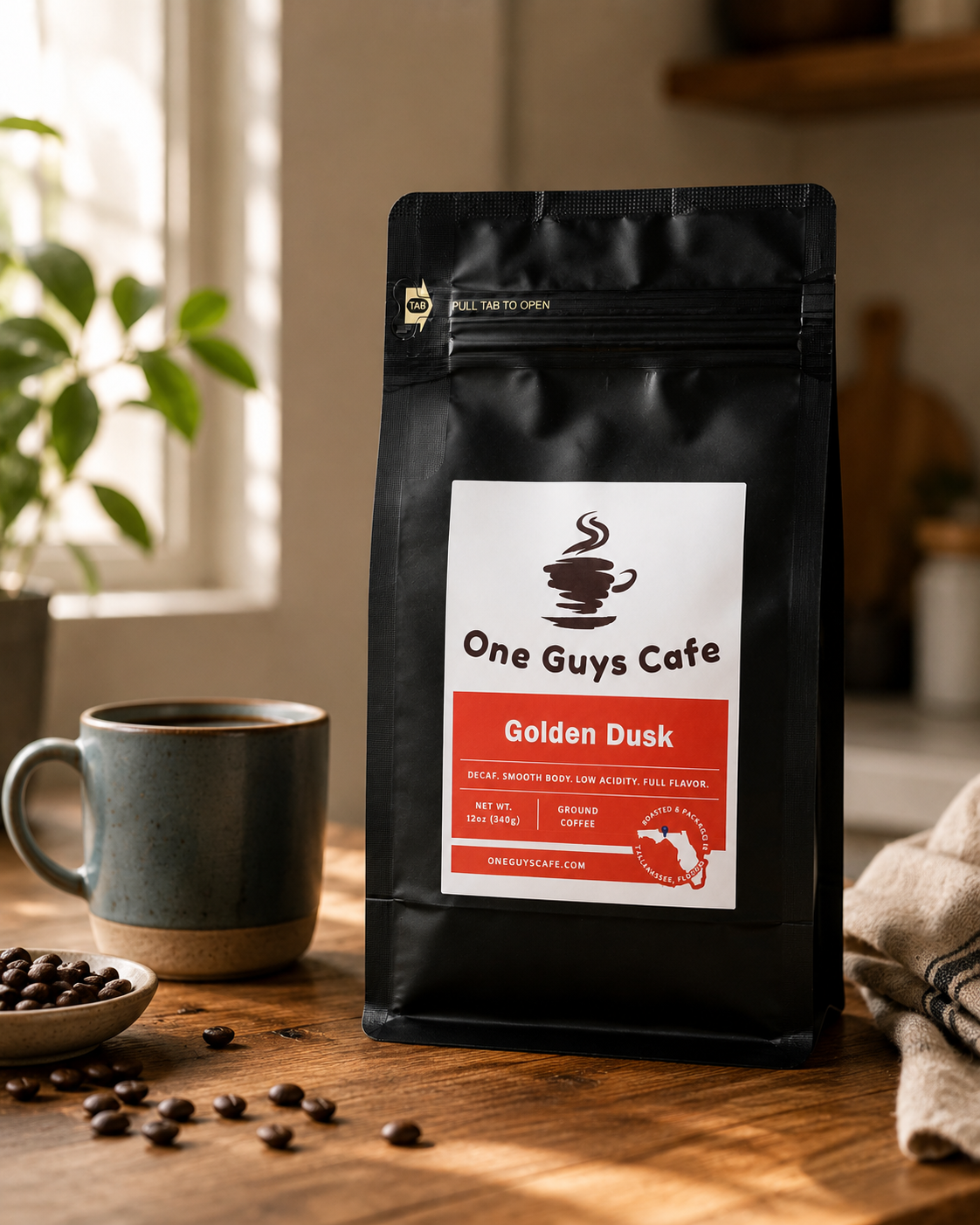 One Guys Cafe Golden Dusk decaf coffee bag on a kitchen table beside a mug of coffee in warm natural light.