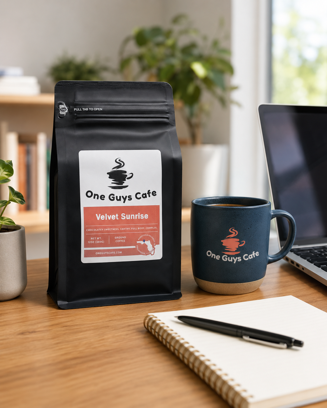 One Guys Cafe Velvet Sunrise coffee bag on a workspace desk beside a branded mug, notebook, and laptop.