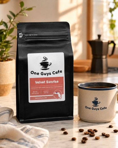 One Guys Cafe Velvet Sunrise coffee bag on a bright kitchen counter beside a steaming branded mug.