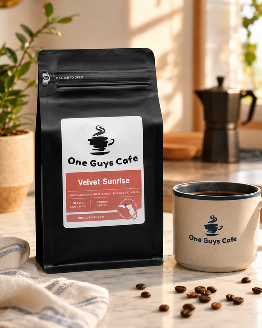 One Guys Cafe Velvet Sunrise coffee bag on a bright kitchen counter beside a steaming branded mug.