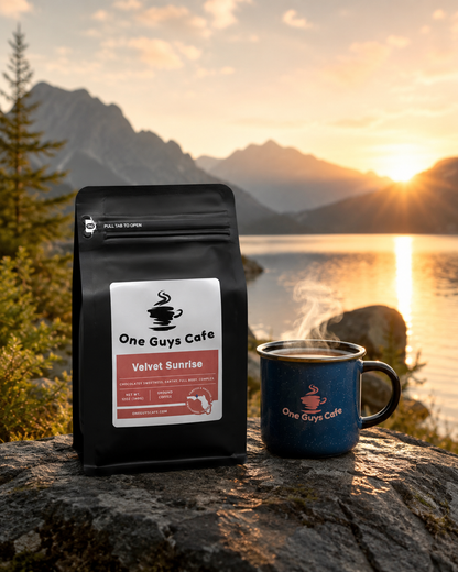 One Guys Cafe Velvet Sunrise coffee bag beside a steaming branded mug outdoors at sunrise by a mountain lake.