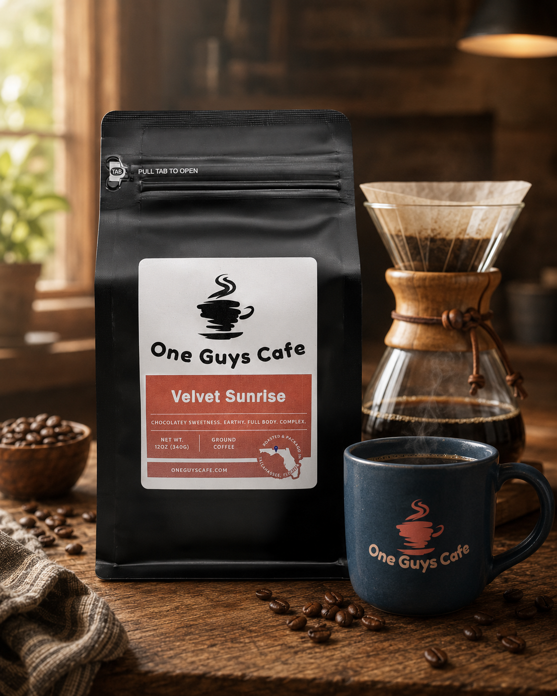 One Guys Cafe Velvet Sunrise coffee bag with pour-over brewer, branded mug, and scattered coffee beans on a wooden table.