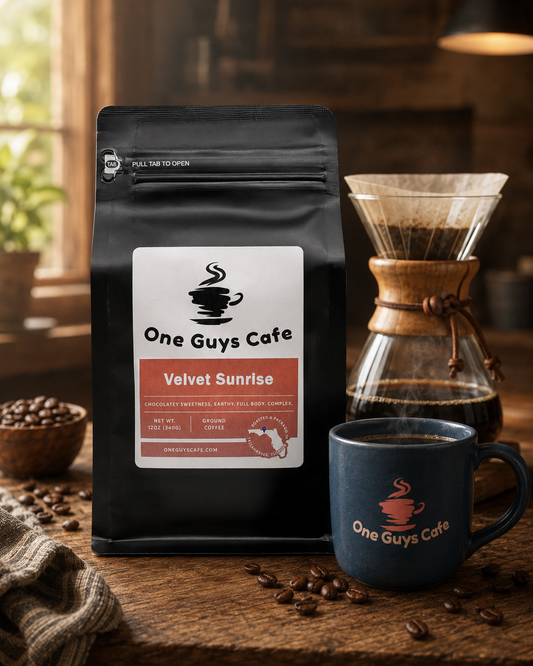 One Guys Cafe Velvet Sunrise coffee bag with pour-over brewer, branded mug, and scattered coffee beans on a wooden table.